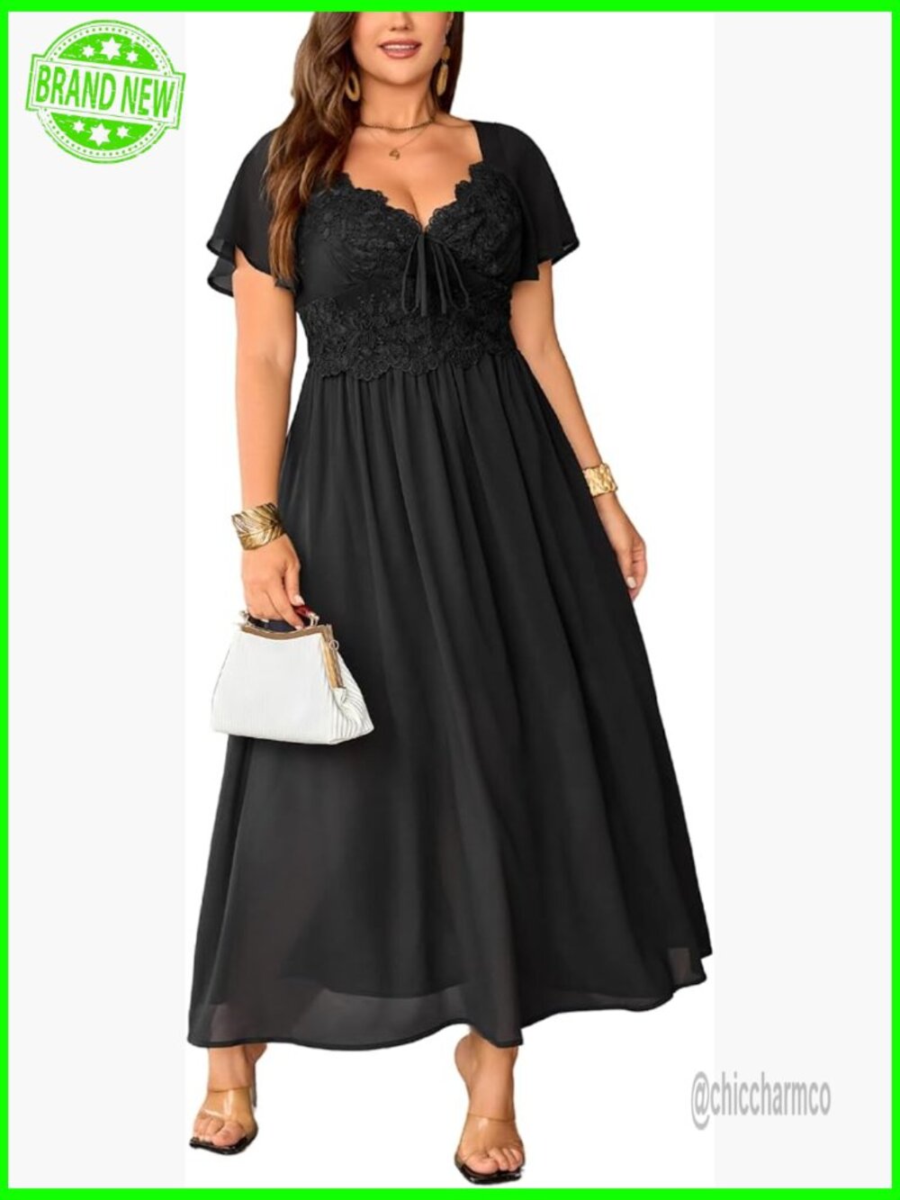 Plus Size Formal Maxi Dress Lace Chiffon Open Back Wedding Guest